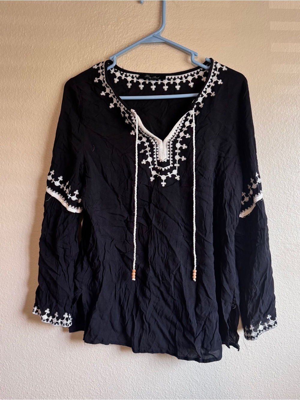 Honey Punch Black Peasant Tunic with White Embroidery and Ties